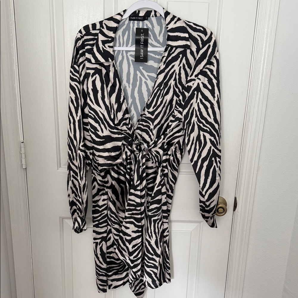 NEW I SAW IT FIRST Zebra Print Tie-Waist Dress - or Long Jacket,Black & Cream